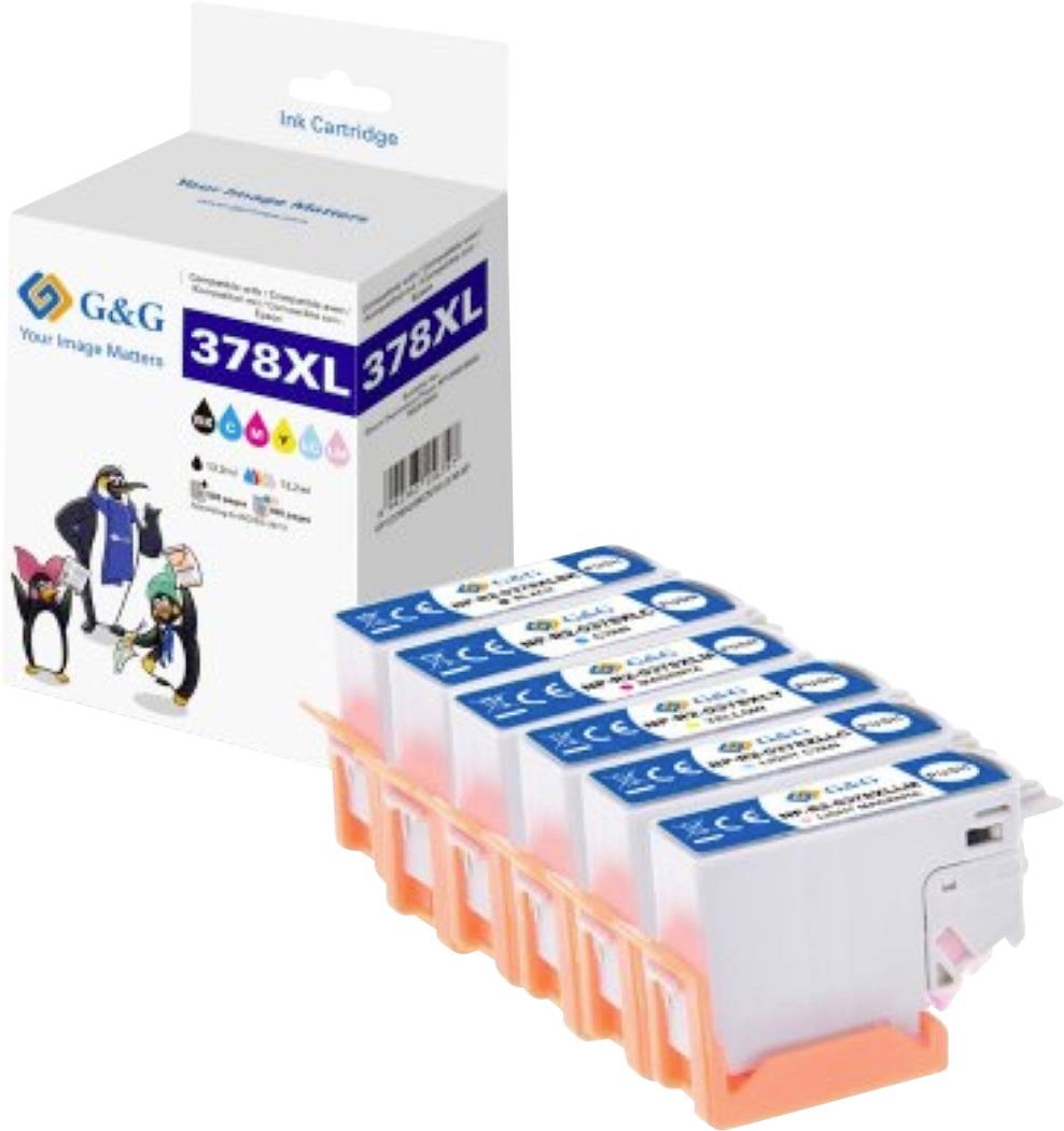 Packung mit G&G 378XL Tintenpatronen, die verschiedene Farboptionen zeigt und Cartoon-Pinguine auf der Verpackung präsentiert.