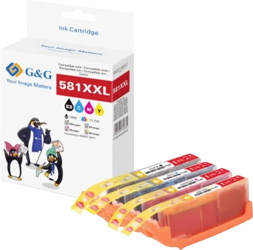Verpackung für 'G&G Tintenkartuschen 581XXL' mit Pinguindesigns neben fünf bunten Tintenpatronen, gekennzeichnet als kompatibel mit verschiedenen Druckermodellen.