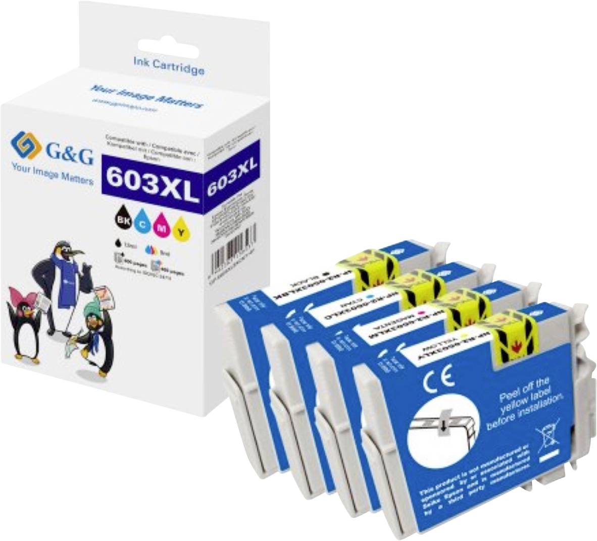 Tintenpatronenpack mit der Bezeichnung 'G&G 603XL', das vier Kartuschen in Schwarz, Cyan, Magenta und Gelb zeigt, mit einer Verpackungsbox, die Cartoon-Pinguine abbildet.