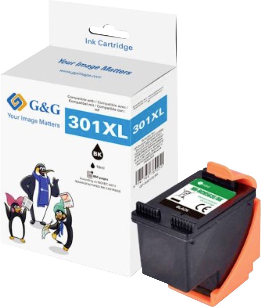 Tintenpatrone Verpackung mit der Bezeichnung '301XL', die Comic-Pinguine zeigt und eine schwarze Patrone enthält; der Text betont die Kompatibilität und unterstreicht die Qualität.