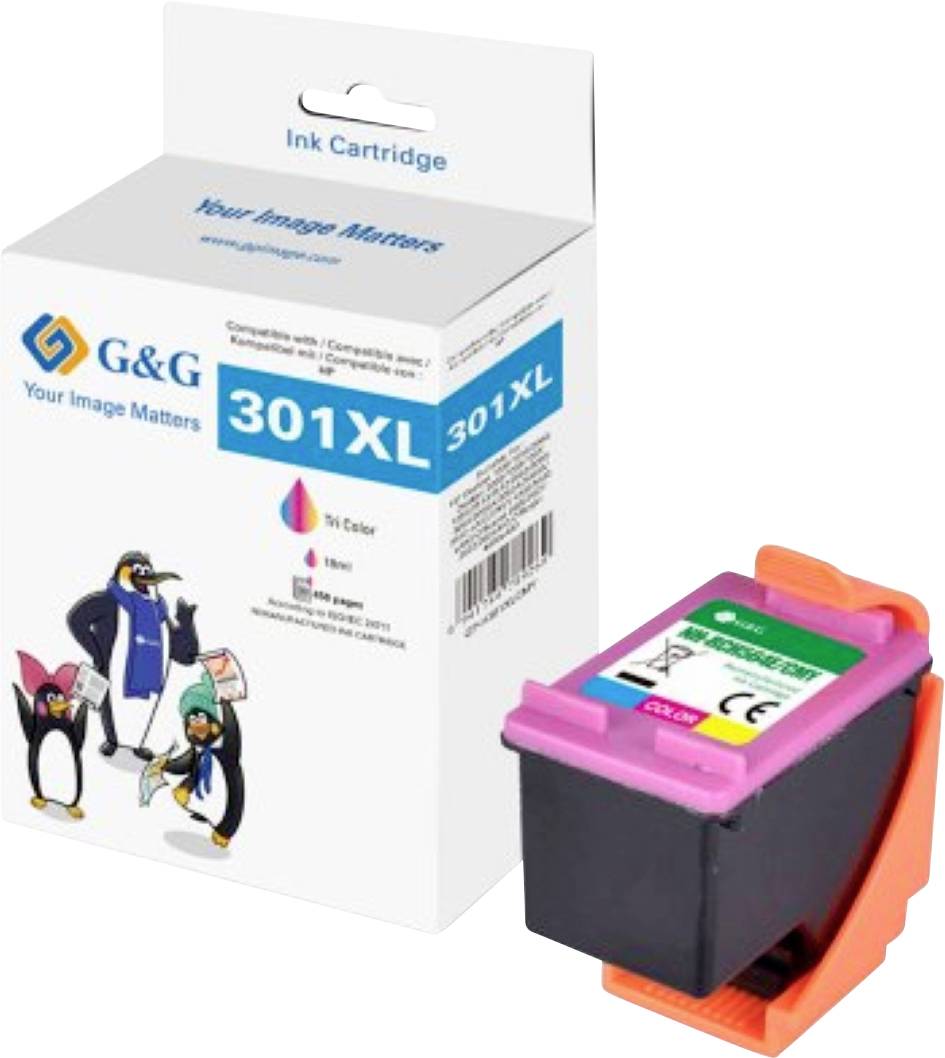 Dreifarbige Tintenpatrone neben ihrer Verpackung, mit der Bezeichnung '301XL' von G&G, mit Comic-Pinguinen und dem Text 'Your Image Matters'.