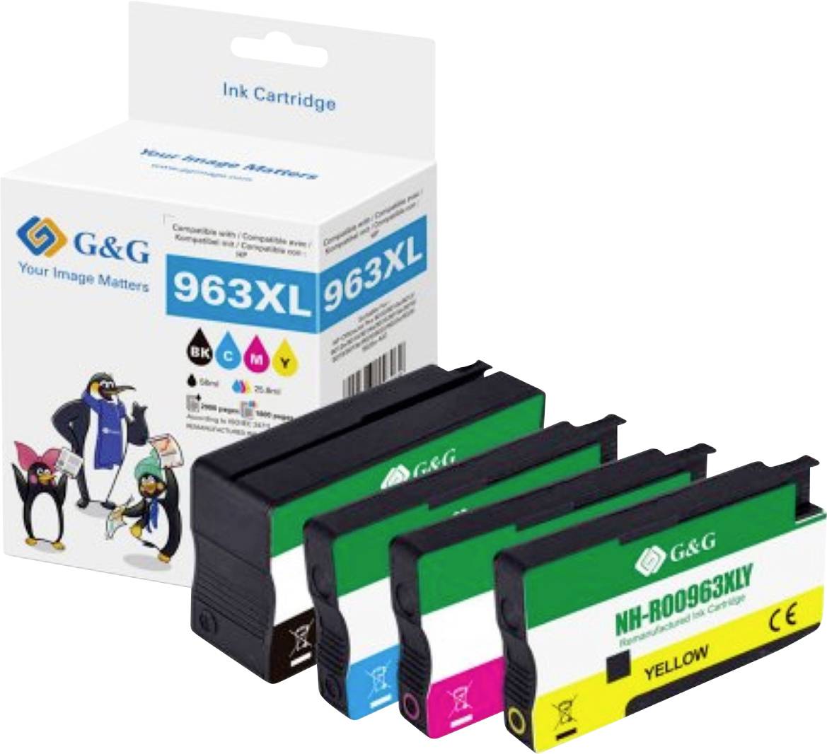 Vier G&G Tintenpatronen in Schwarz, Cyan, Magenta und Gelb neben einer kompatiblen Verpackung mit der Aufschrift '963XL'.