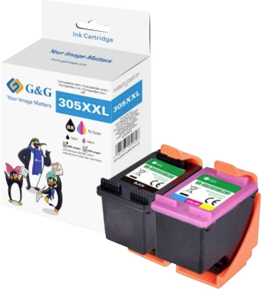 Zwei Tintenpatronen mit der Beschriftung '305XXL' in Schwarz und Tri-Color, neben einer Box mit dem Aufdruck 'G&G Your image Matters'. Die Verpackung zeigt Pinguin-Illustrationen.