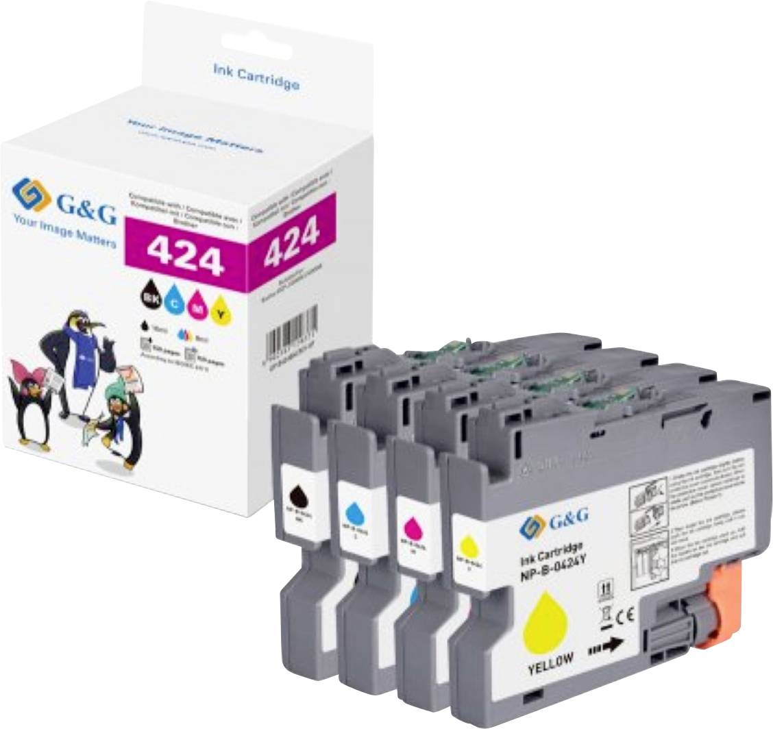 'G&G Tintenpatrone' Packung mit vier Patronen in Schwarz, Cyan, Magenta und Gelb. Karton mit der Aufschrift '424', mit Comicfiguren verziert.