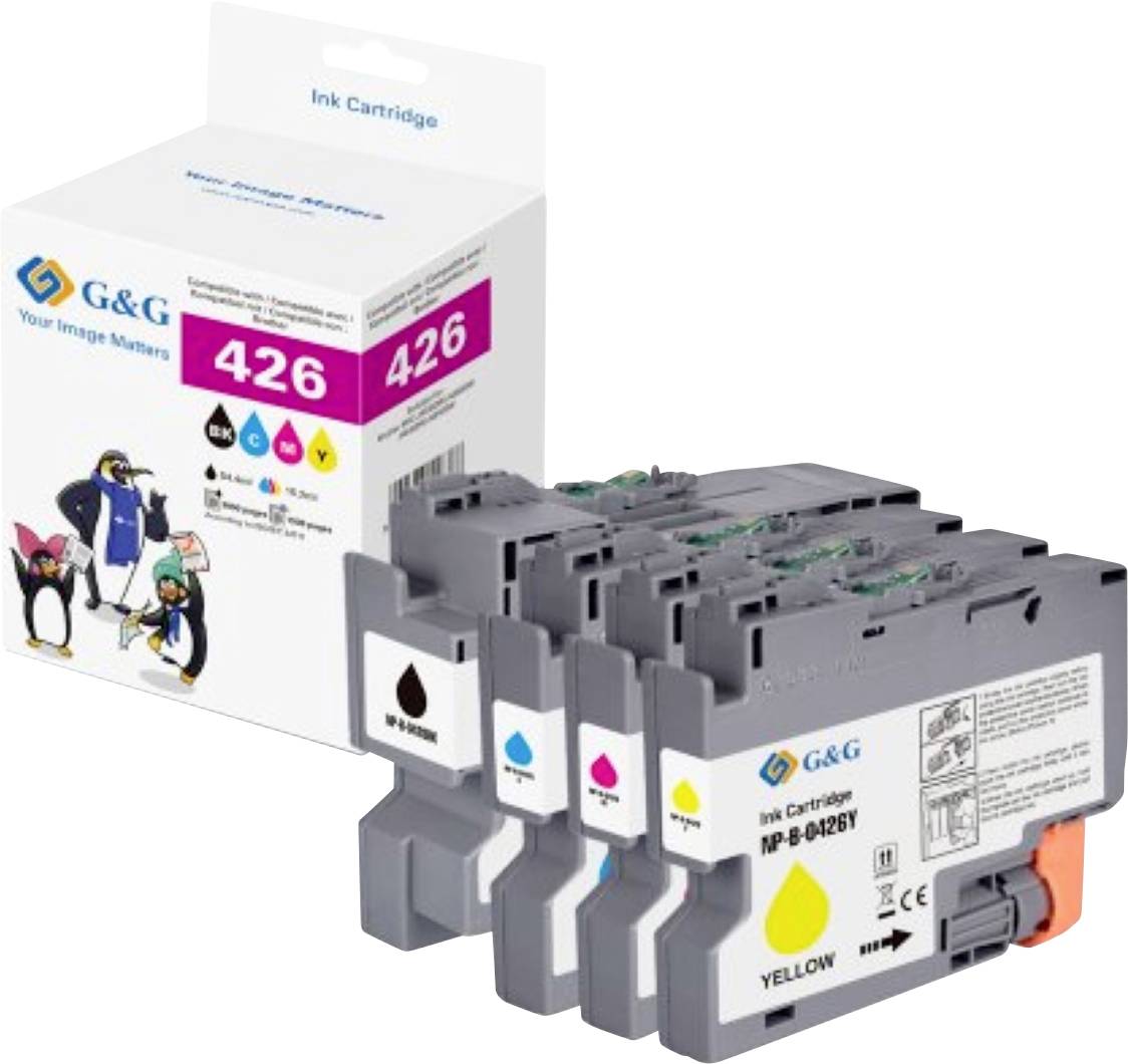 Der 'G&G Ink Cartridge 426' Pack enthält Cyan-, Magenta-, Gelb- und Schwarzpatronen. Die Verpackung zeigt Pinguingrafiken und unterstreicht damit das Produktbranding.