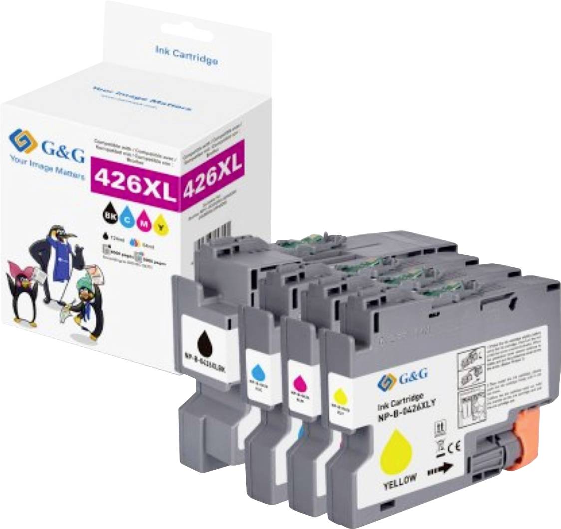 'G&G Tintenpatronen 426XL' zeigt vier Tintenpatronen in schwarz, cyan, magenta und gelb. Die Verpackung trägt den Slogan 'Ihr Bild zählt' mit Pinguindesign.