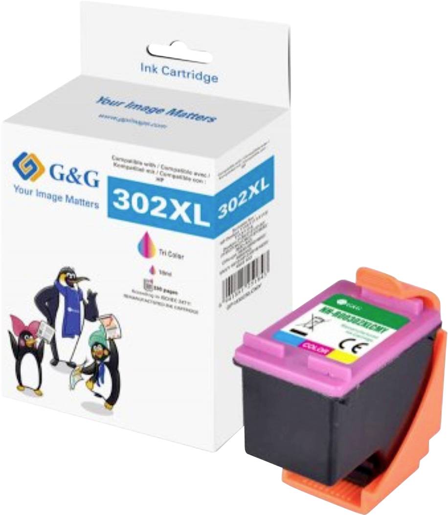 Dreifarbige Tintenpatrone von G&G, Modell 302XL, zusammen mit Verpackung, auf der das Firmenlogo, der Produktname und Cartoon-Pinguine abgebildet sind.