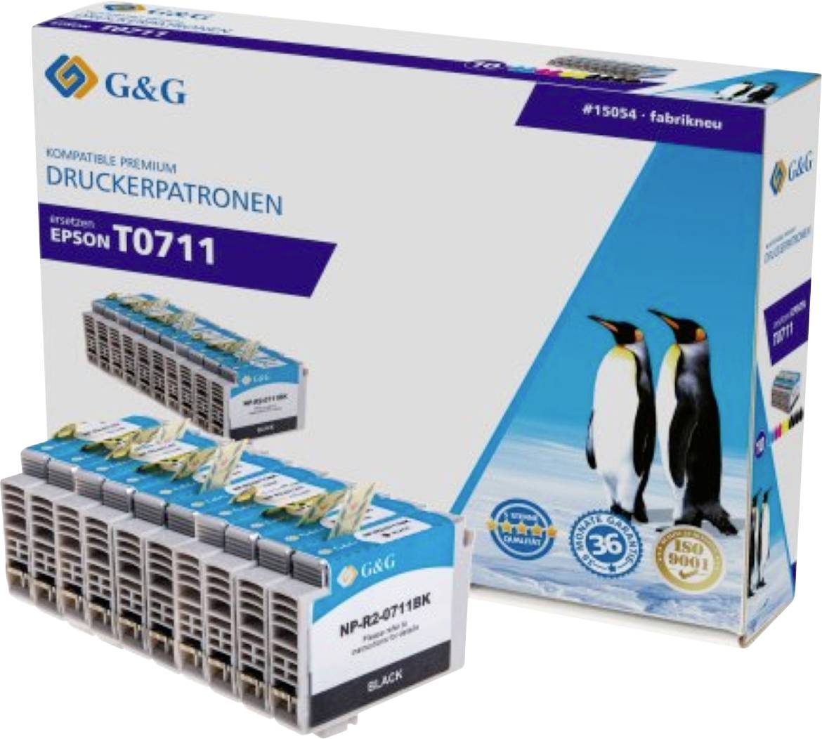 G&G Kompatible Premium Druckerpatronen T0711 Verpackung mit einer Reihe schwarzer Tintenpatronen für Epson-Drucker. Die Verpackung zeigt ein Pinguin-Bild.