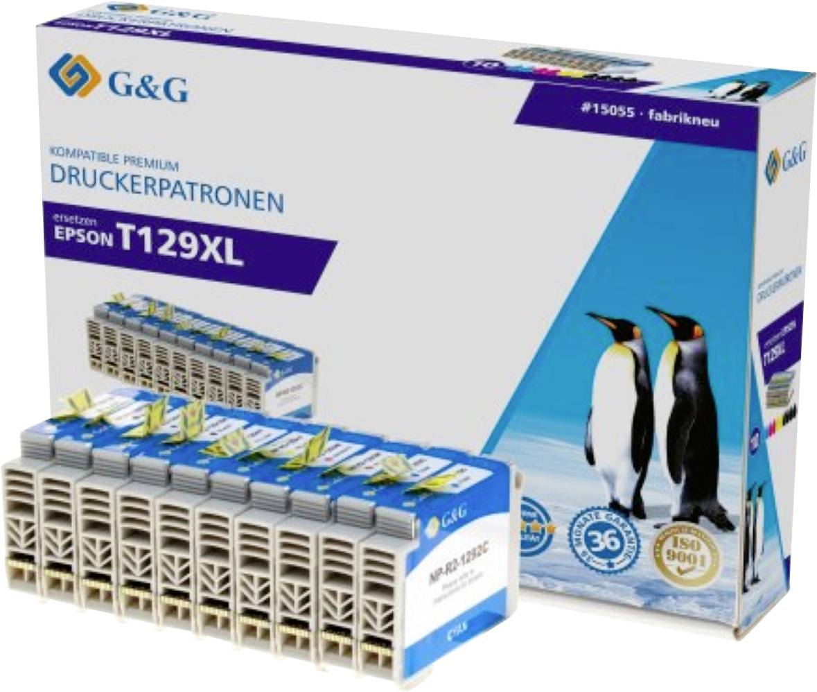 Epson T129XL Druckerpatrone mit G&G-Branding, Verpackung mit einem Bild von Pinguinen, kompatible Premium-Kartuschen, ISO-9001-zertifiziert.