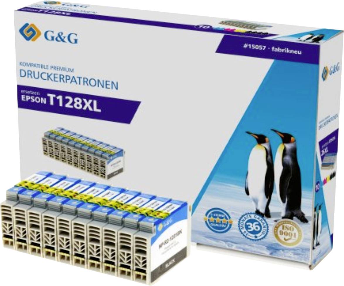 'Kompatible Premium Druckerpatronen' Schachtel mit Tintenpatronen und Pinguin-Bild, kompatibel mit Epson T128XL, 36-Monate-Garantie, ISO 9001 zertifiziert.