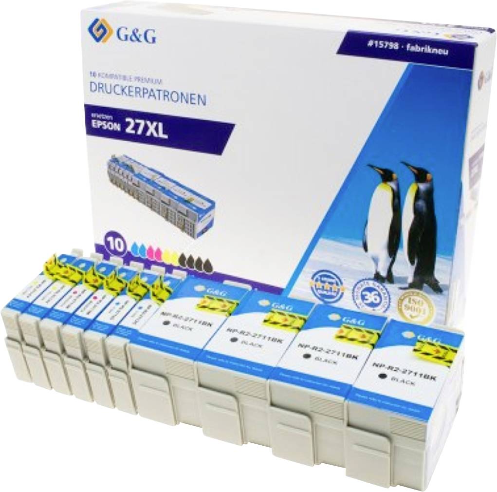 G&G Tintenpatronen für Epson 27XL Drucker, 10er-Pack, kompatibel mit verschiedenen Modellen. Verpackung mit Pinguinen und Produktdetails.