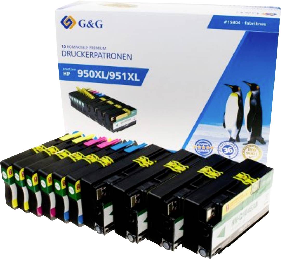 Druckerpatronen-Set von G&G, kompatibel mit HP 950XL/951XL Modellen. Enthält mehrere Patronen in einer Verpackung mit Pinguin-Motiv.