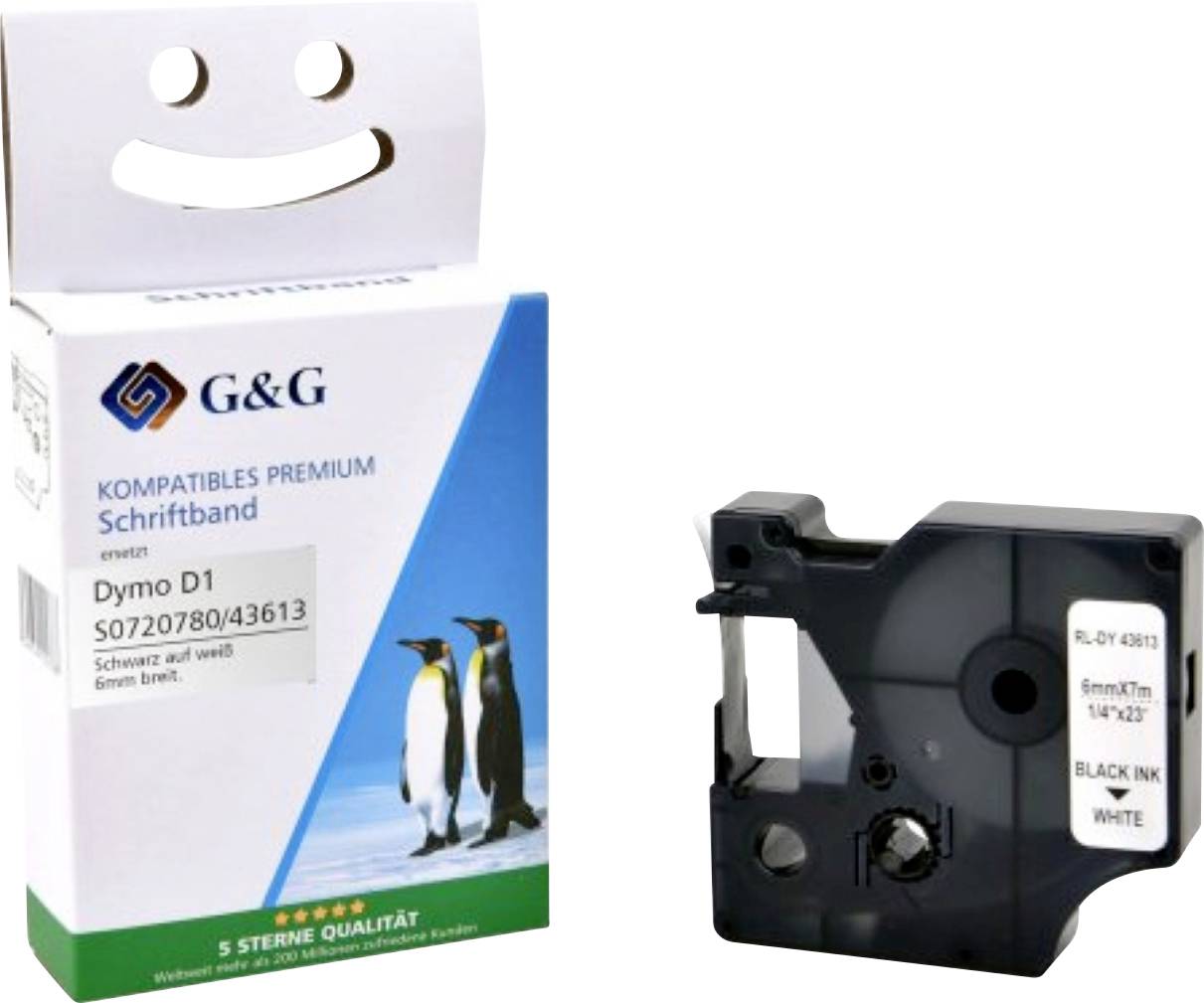 Schachtel und Bandeinsatz für kompatibles Premium-Etikettenband. Schachtel zeigt Pinguinbild und besagt 'Dymo D1 S0720780/43613 Schwarze Tinte auf weiß 6mm x 7m'.