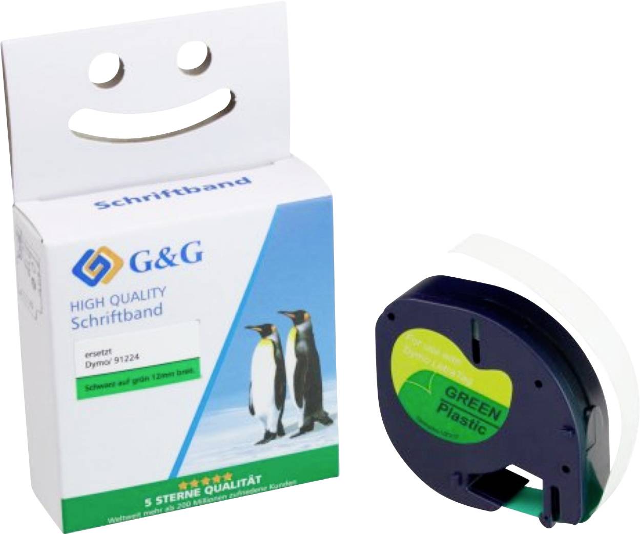 Eine G&G Etikettenband-Verpackung mit einem Ausschnitt eines lächelnden Gesichts. Die Verpackung zeigt Pinguin-Bilder und Text, der hohe Qualität und grünes Plastikmaterial anzeigt.