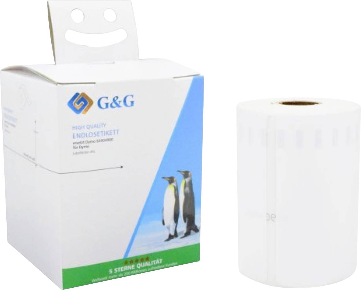 Eine Schachtel mit 'G&G hochwertige endlose Etiketten' mit Pinguinbildern, neben einer Rolle von Etiketten. Geeignet für Thermodrucker.
