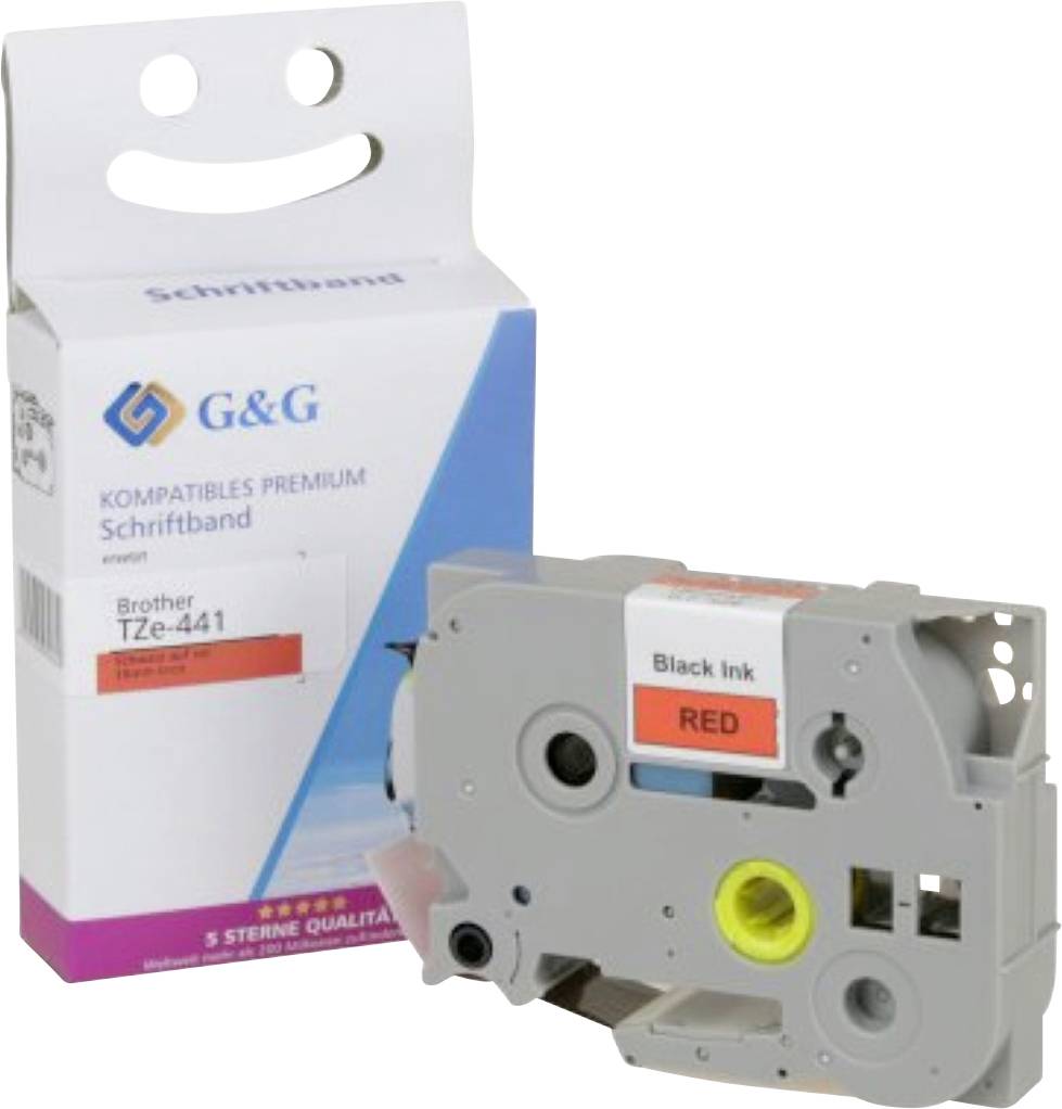 G&G kompatibles Premium Schriftband TZe-441 Etikettenband-Box und Kassette, geeignet für Brother-Drucker, beschriftet mit 'Schwarze Tinte, Rot'.