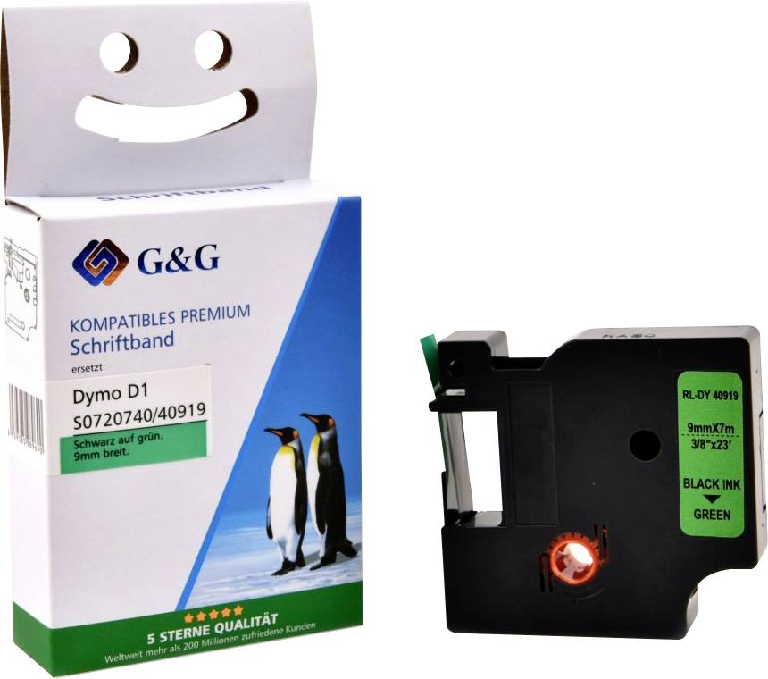 'G&G Kompatibles Premium Schriftband' Verpackung mit Pinguin-Bild und schwarzer Tintenkartusche, gekennzeichnet als 'Dymo D1 S0720400/40919, 9mm x 7m'.