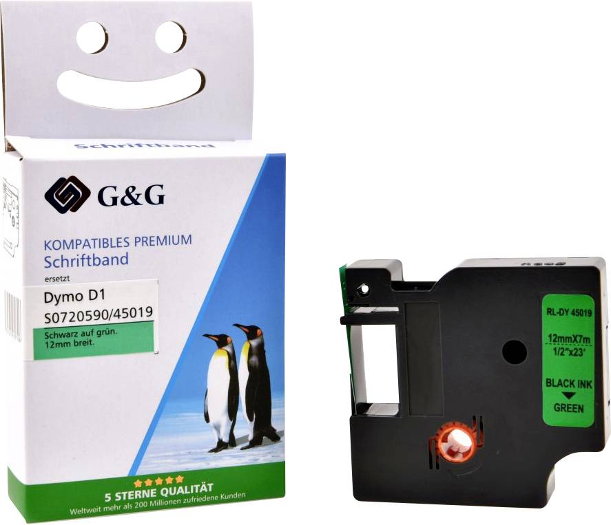 Eine Box mit drei Pinguinen und einem kompatiblen Dymo D1 Etikettierband. Der Text zeigt, dass das Band schwarze Schrift auf grünem Untergrund ist, 12 mm x 7 m.
