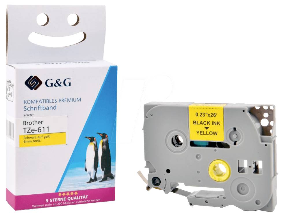 Kompatibles Druckerband für Brother TZe-611, 6 mm, schwarz auf gelb, gezeigt mit Verpackung mit Pinguinen.
