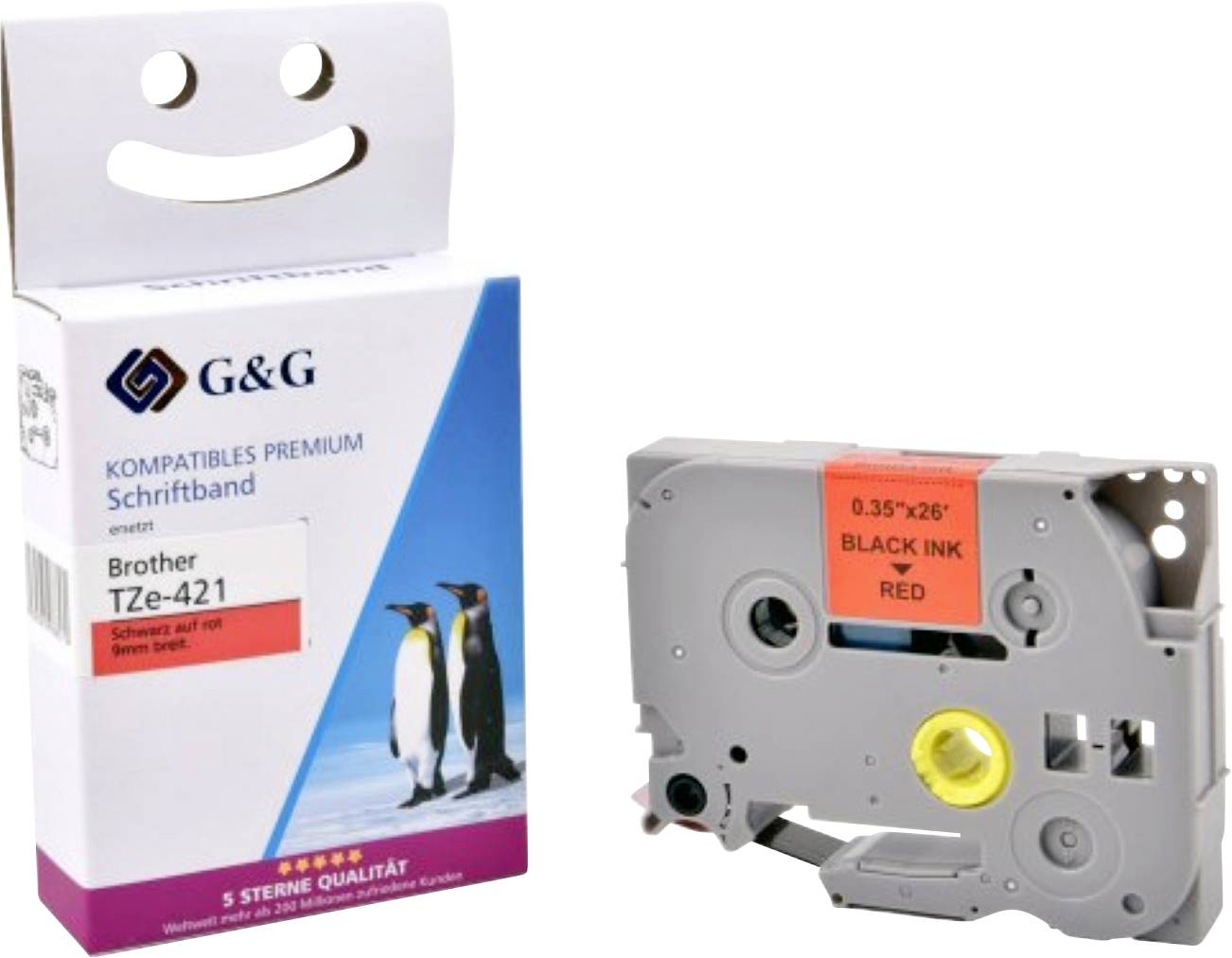 Druckeretikettenbandkartusche neben einer freigelegten Kartusche. Die Verpackung zeigt Pinguine und 'G&G Kompatibles Premium Schriftband'.