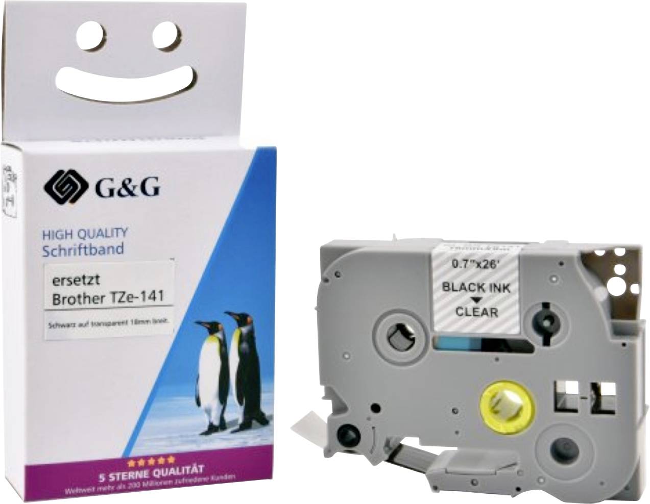 G&G Schriftband schwarzes Tintenband-Etikett neben Verpackung mit Pinguin-Bildern, kompatibel mit Brother TZe-141 Modellen.
