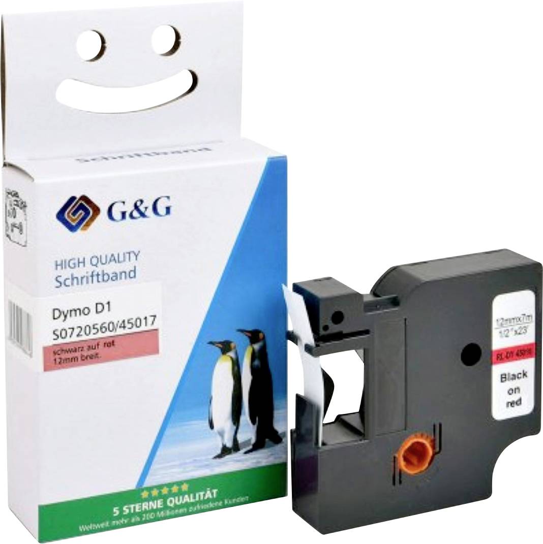 Verpackung eines D1-Etikettendrucker-Bandes. Box zeigt drei Pinguine, Markenlogo und Text: Hochwertiges Schriftband, Schwarz auf Rot, 12mm x 7m.
