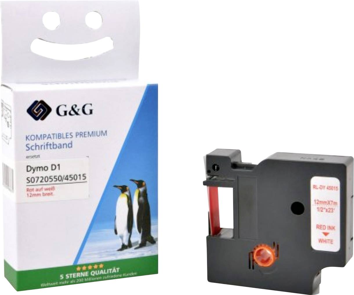 Schachtel mit kompatiblen G&G Premium Schriftband Dymo D1 Bändern neben der tatsächlichen Bandkassette, mit Pinguinen auf der Verpackung.
