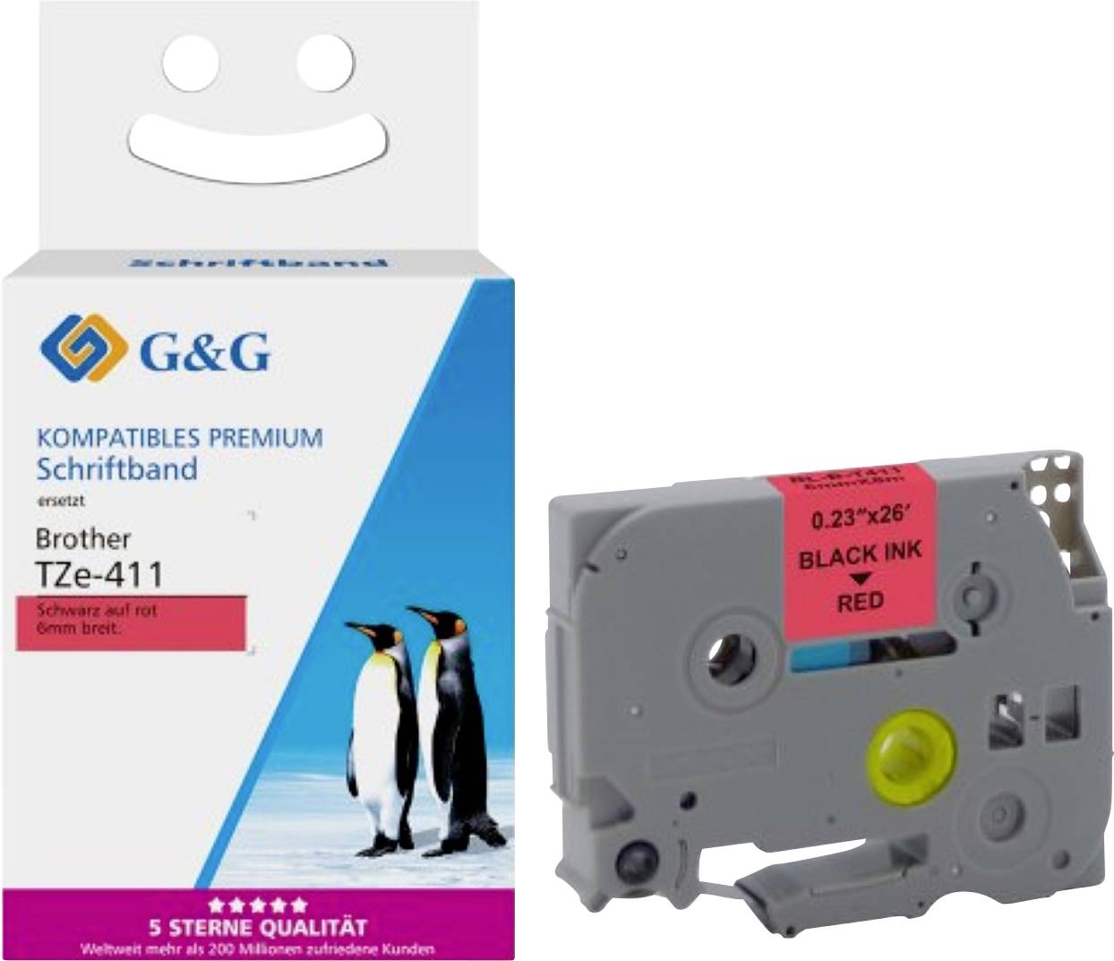 'G&G Brother TZe-411 Schriftband' Verpackung mit Pinguin-Bild, die Kompatibilitätsinformationen und Qualitätsgarantie anzeigt; schwarze und rote Tintenband-Kartusche daneben abgebildet.