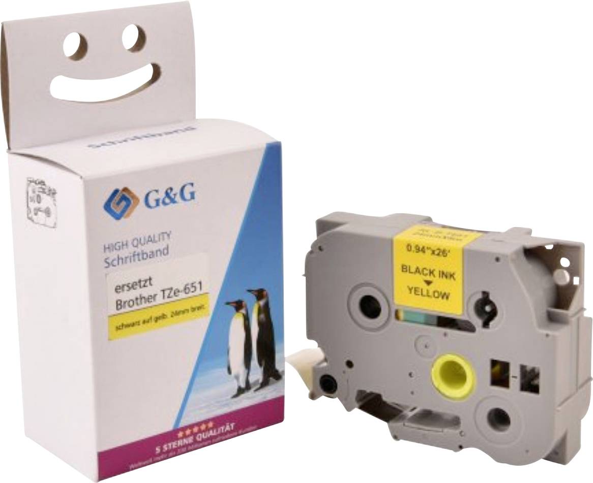 Eine Brother Tze-651 Etikettenband-Verpackung und -Kassette. Die Verpackung zeigt zwei Pinguine und gibt an, dass das Band 9 mm breit ist mit schwarzer Tinte auf gelbem Band.
