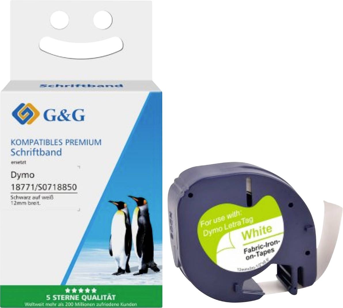 Packung mit G&G kompatiblem Premium-Etikettenband und einer Rolle für Dymo-Drucker; enthält weißes Gewebe, 12 mm Breite, mit Pinguin-Motiv.