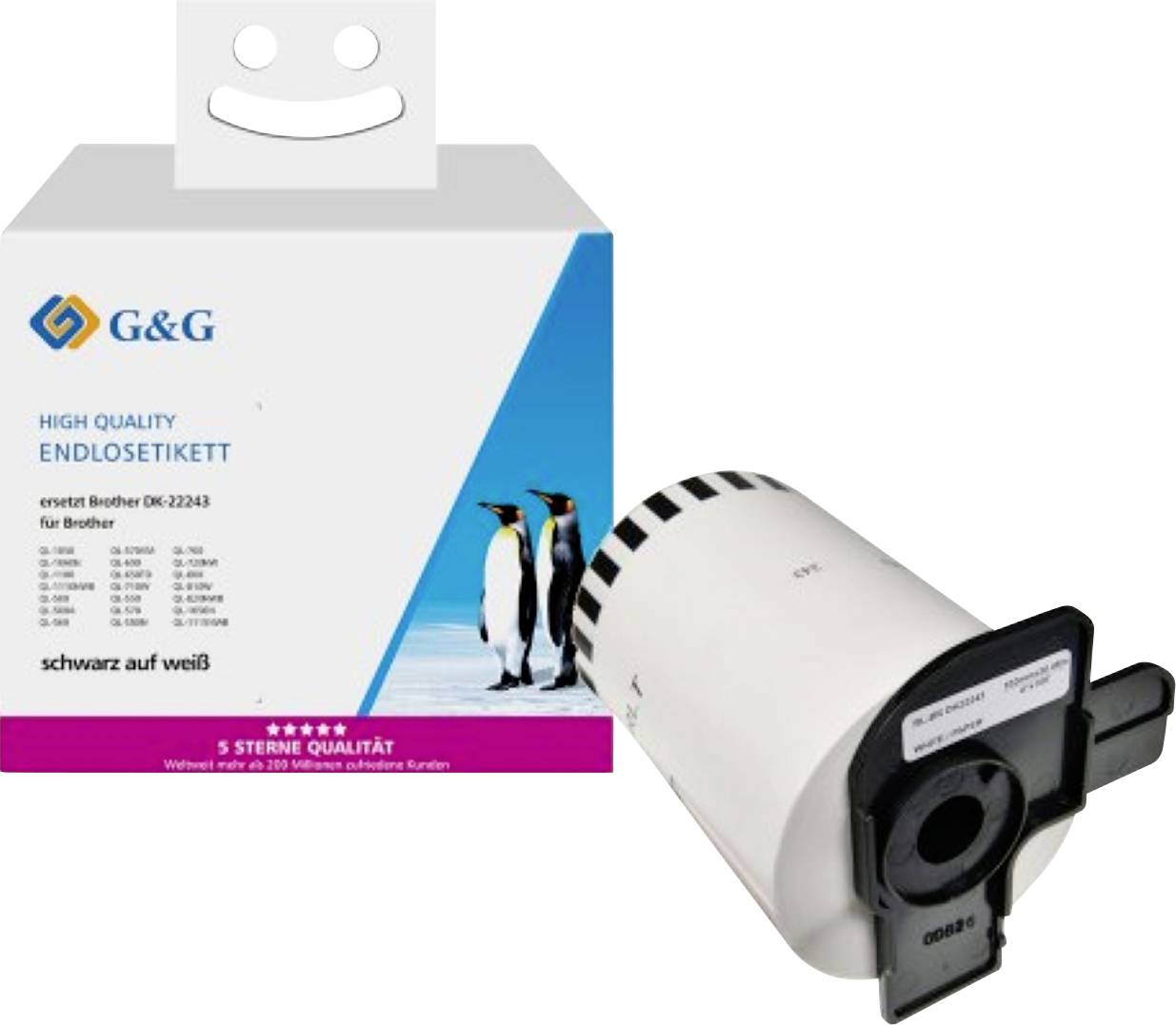 Eine Schachtel mit hochwertigen, endlosen Etiketten von G&G für Brother-Drucker wird zusammen mit einer Etikettenrolle gezeigt. Die Schachtel ist mit Pinguinen verziert.