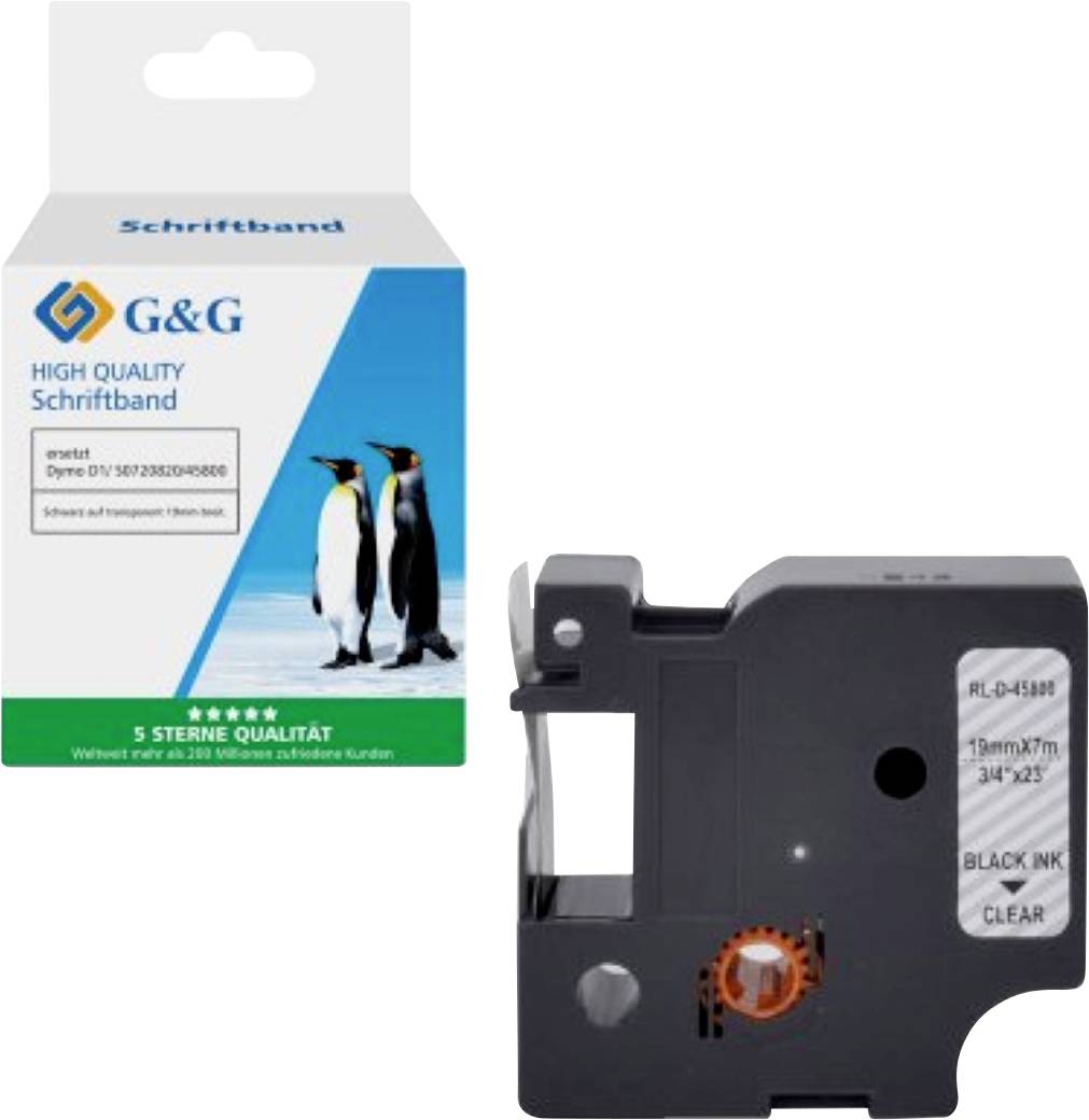 Verpackung und schwarze Farbbandfarbpatrone für G&G Schriftband, mit drei Pinguinen. Text hebt 'Hohe Qualität' und '5-Sterne-Qualität' hervor.