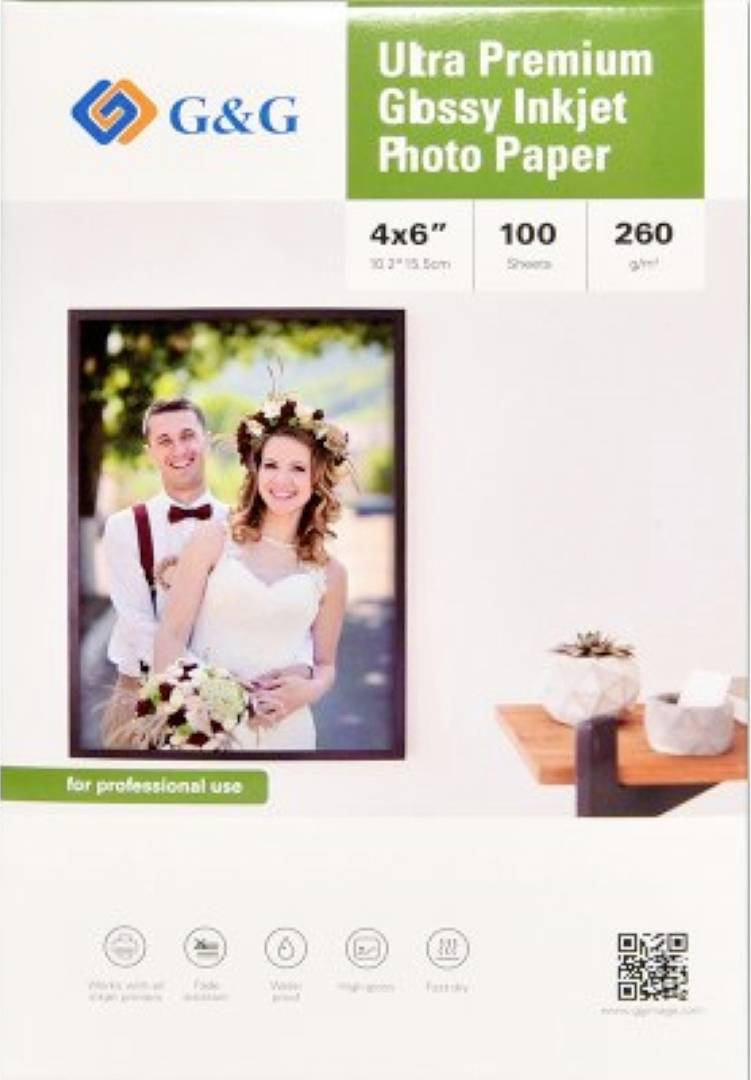 Ultra Premium Glanz-Fotopapier für Tintenstrahldrucker von G&G, 10x15 cm, 100 Blatt, 260 g/m², für professionelle Anwendungen.