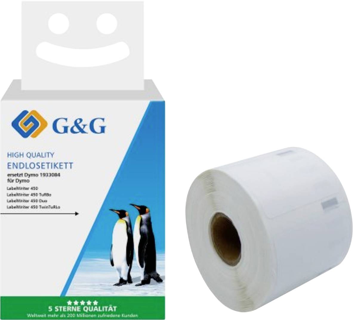 G&G Endlosetikett-Verpackung mit Pinguinen, zusammen mit einer Rolle blanker Etiketten, geeignet für verschiedene Dymo LabelWriter-Modelle.