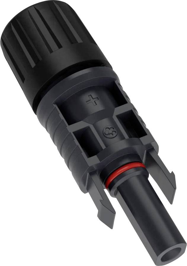 Ein schwarzer und grauer MC4-Solarstecker mit einem Plussymbol, der zum Verbinden von Solarpanelen verwendet wird und eine sichere elektrische Verbindung gewährleistet.