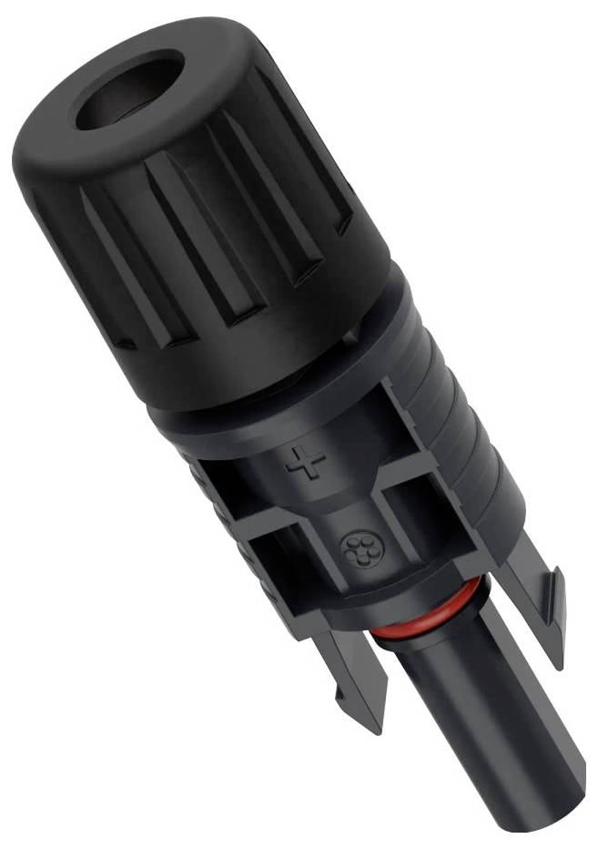Ein schwarzer zylindrischer Elektrostecker mit Rillen und einem '+'-Zeichen, typischerweise in Solaranlagensystemen verwendet.