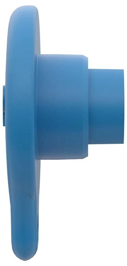Seitenansicht eines blauen Kunststoffobjekts, das einer Spule oder einer Kappe ähnelt, mit zylindrischer Basis und flacher runder Oberseite.