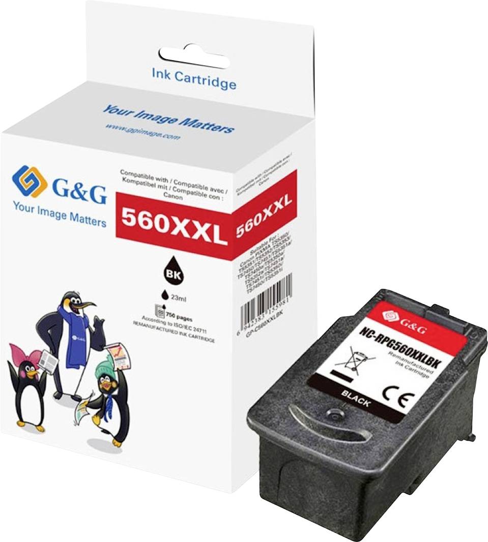 G&G 560XXL Schwarze Tintenpatrone mit Pinguin-Cartoons, beschriftet als „Kompatibel mit...Schwarz