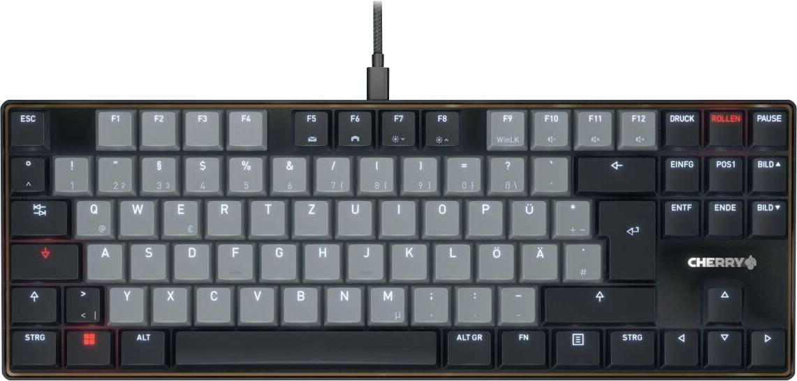 Eine schwarze und graue mechanische Tastatur mit deutschem QWERTZ-Layout, mit 