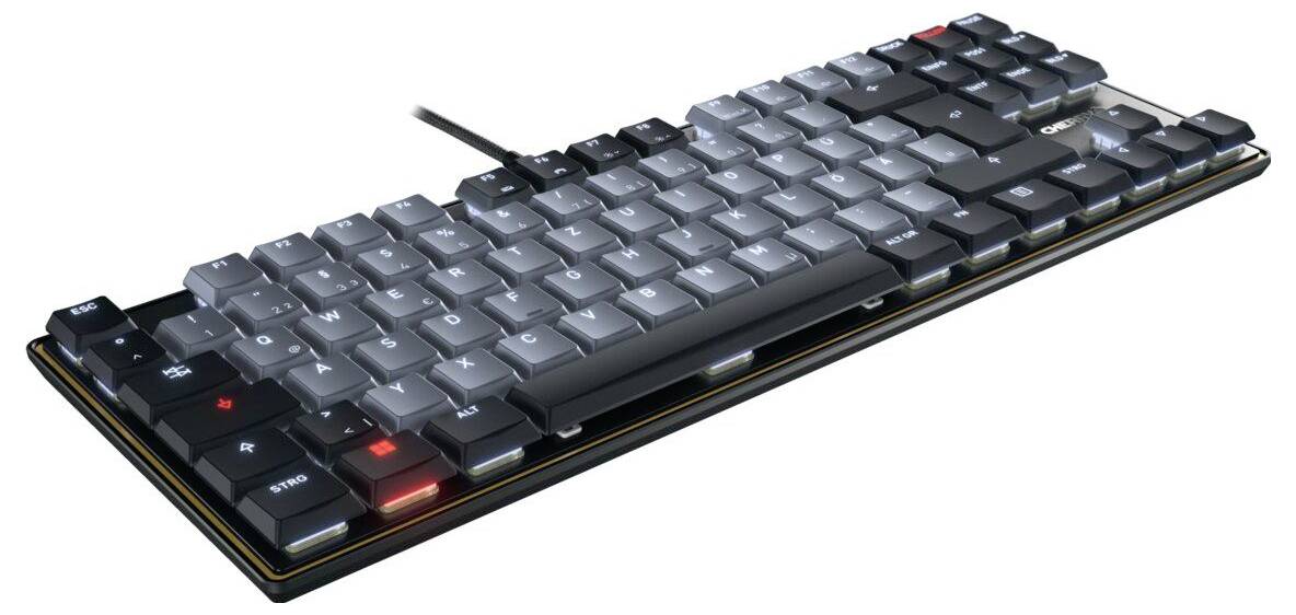 Eine elegante schwarze mechanische Tastatur mit beleuchteten Tasten, verbunden durch ein Kabel, aus einem Winkel fotografiert, der ihr kompaktes Design hervorhebt.