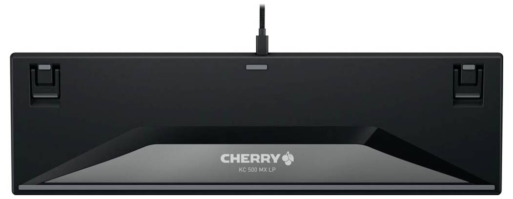 Die Rückseite einer CHERRY-Tastatur, Modell KC 6000 SLIM, mit Kabel und verstellbaren Füßen zur Anpassung des Neigungswinkels.