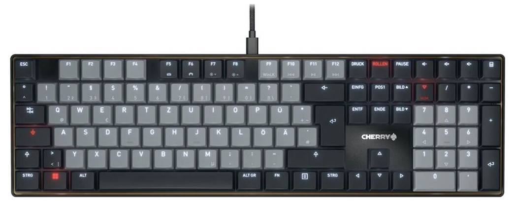 Eine mechanische Tastatur mit einem vollständigen Tastensatz, mit einem Schwarz-Grau-Farbschema und roten Akzenten auf ausgewählten Tasten.