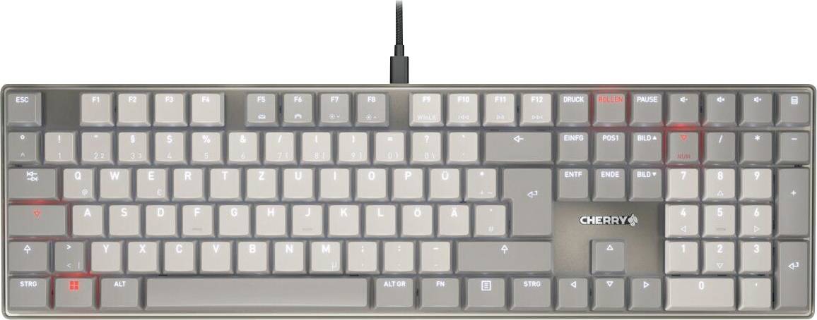 Eine schwarze mechanische Tastatur mit beleuchteten Tasten mit Ziffernblock, Funktionstaste und Cherry-Branding auf der rechten Seite.