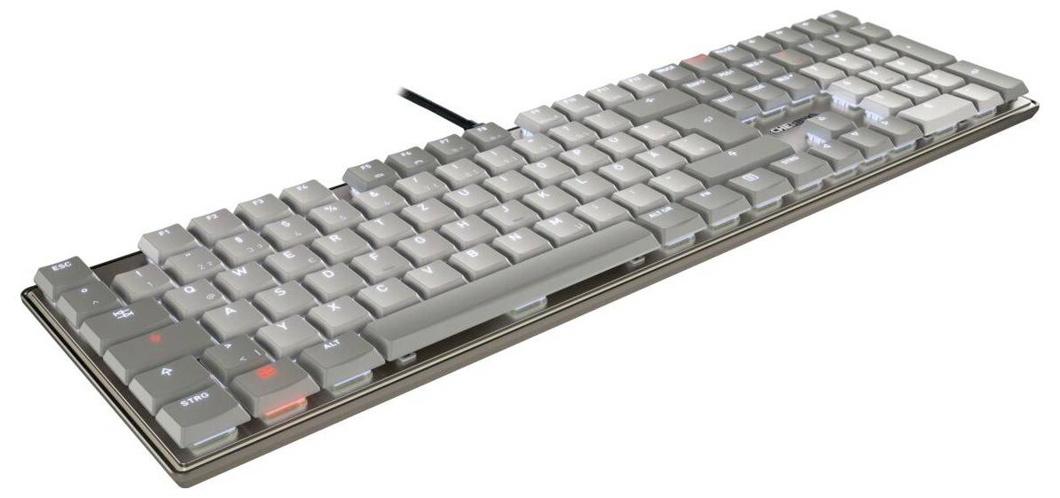 Eine elegante mechanische Tastatur mit beleuchteten Tasten und Kabelverbindung, mit kompaktem Design und grauen Tastenköpfen mit roten Akzenten.