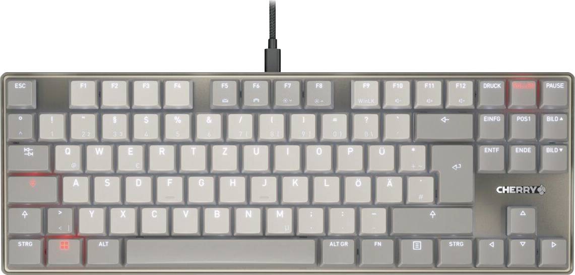 Deutsches Layout mechanische Tastatur mit grauen Tasten, Cherry-Markenlogo unten rechts. Kompaktes Design mit schwarzem USB-Kabel.