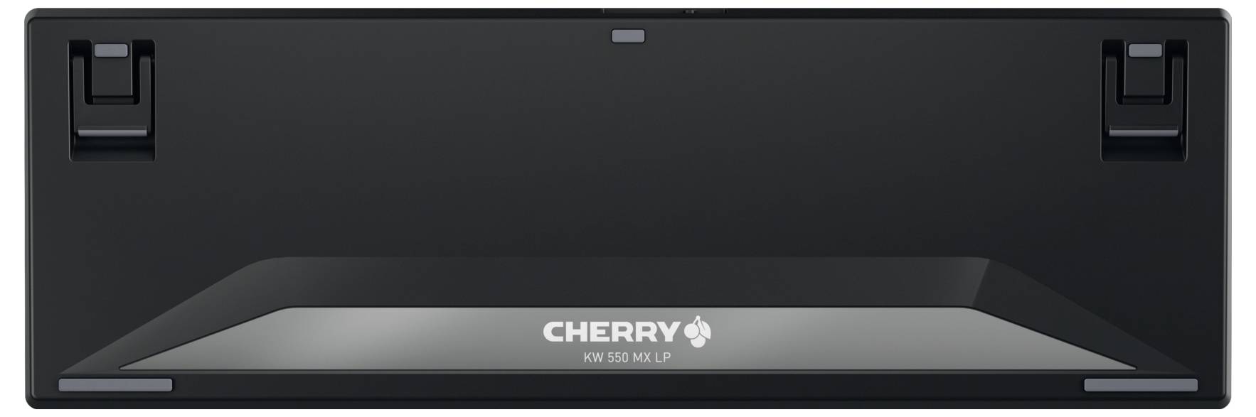 Das Bild zeigt die Unterseite einer Cherry-Tastatur, Modell KW 9100 SLIM, mit zwei klappbaren Beinen und Branding auf einem eleganten Design.