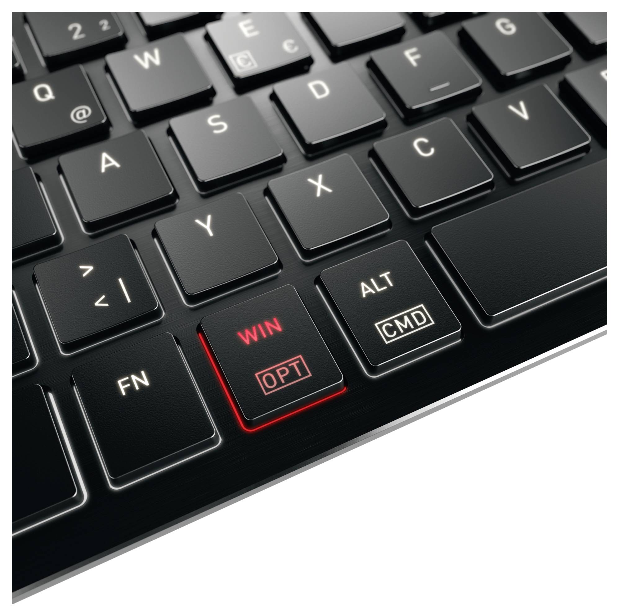 'Nahaufnahme der unteren linken Ecke einer Computertastatur, die die rot umrandeten Tasten „WIN