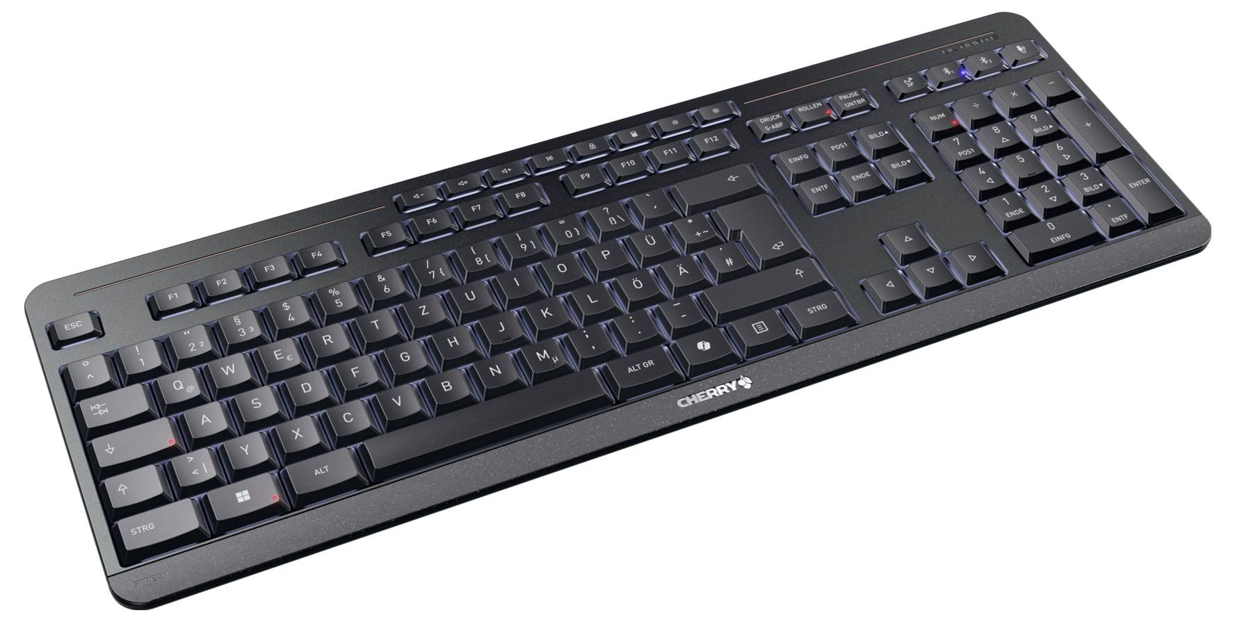 Eine schwarze Computertastatur mit Zahlenblock und Mediensteuertasten, die unterhalb der Leertaste den Markennamen „CHERRY