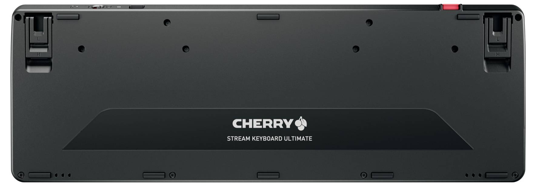 Rückansicht einer schwarzen Cherry Stream Keyboard Ultimate, die ihre Standfüße und Befestigungspunkte zeigt, mit dem Cherry-Logo und dem Produktnamen.