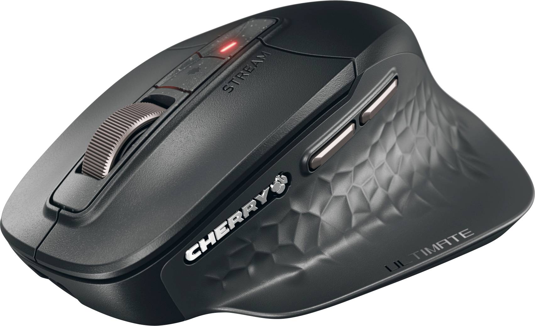 Eine schwarze ergonomische Computermaus mit strukturierter Grifffläche und mehreren Tasten, einschließlich eines Scrollrads und zusätzlicher Seitentasten, mit der Bezeichnung „CHERRY